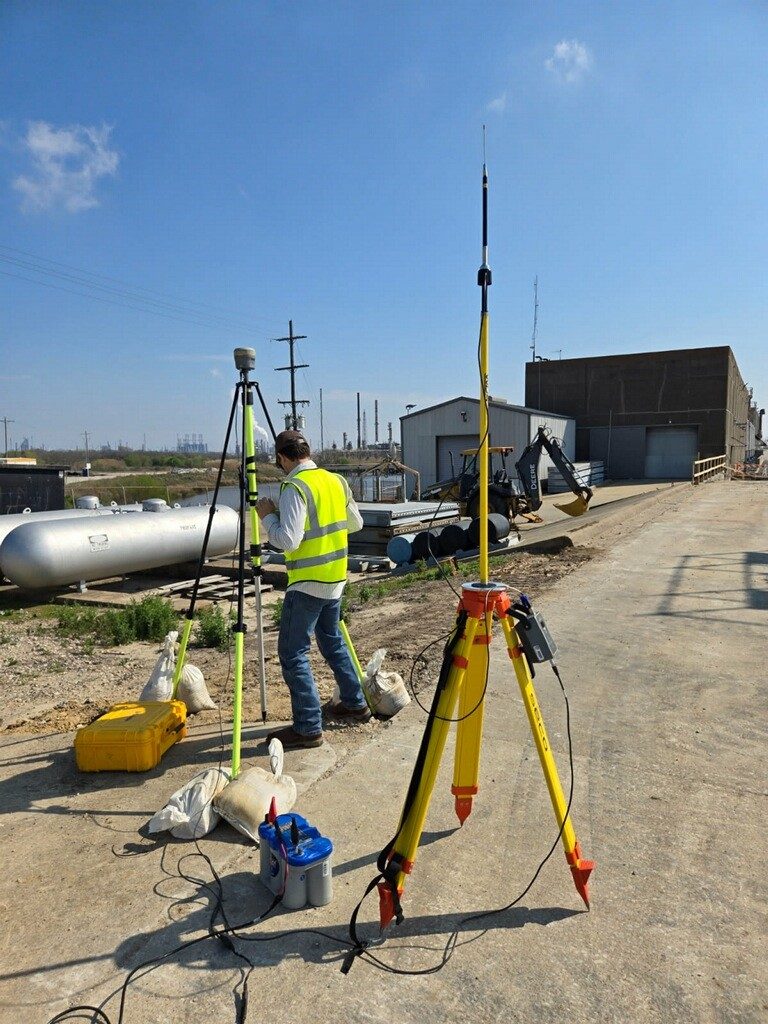 GPS base station equipment set up at an industrial field site.