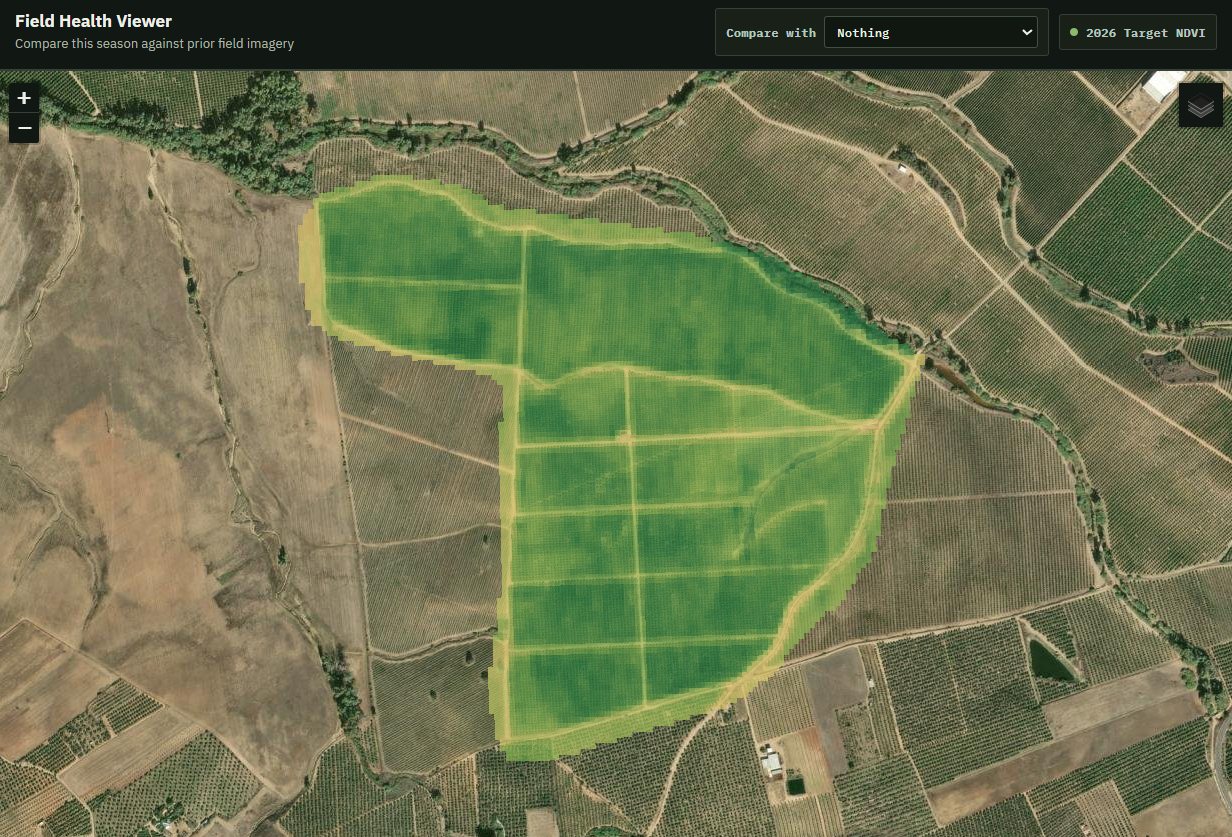 Field Health Viewer map showing a target NDVI overlay on aerial imagery.