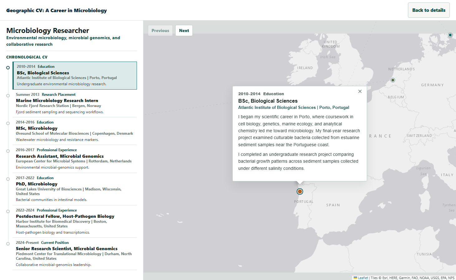 Screenshot preview of the geographic CV timeline and map